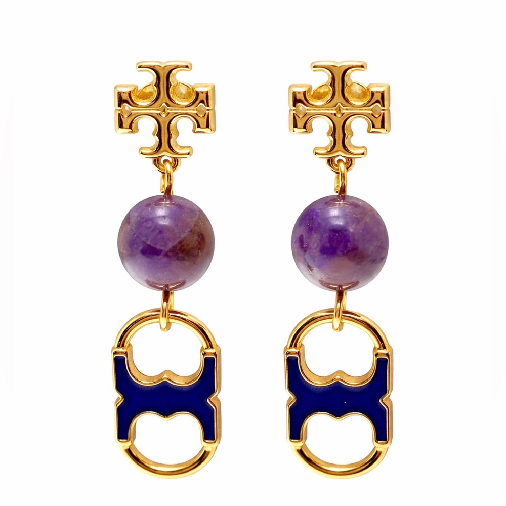 Tory Burch Gold-tone Blue Enamel & Purple Stone Gemini Drop Earrings